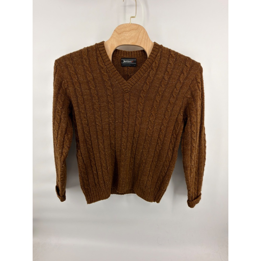 Vintage Jantzen Cable Knit Sweater Mens XL Brown V-Neck Pullover Grandpa Boho